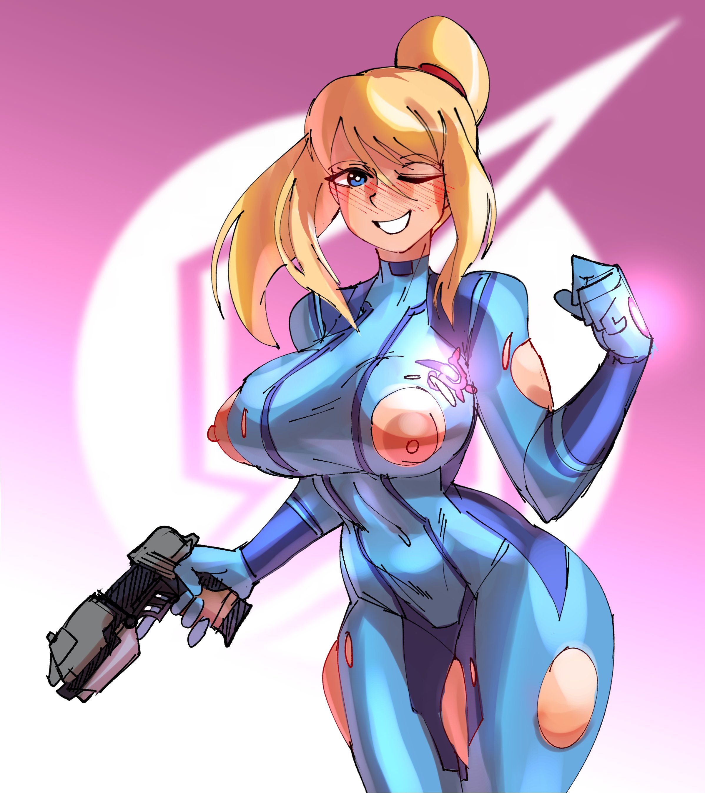 big breasts, blonde hair, blush, bodysuit, breasts, erect nipples, female, metroid, nintendo, nipples, nonosamu, one eye closed, ponytail, puffy nipples, ripped bodysuit, samus aran, thick thighs, torn bodysuit, wide hips, zero suit samus