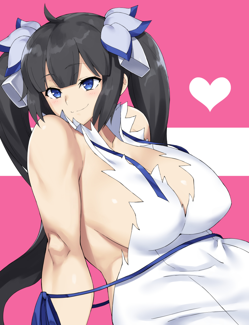 1girls asymmetrical_hair big_breasts black_hair blue_eyes blush bnc_(bunshi) dungeon_ni_deai_wo_motomeru_no_wa_machigatteiru_darou_ka erect_nipples female heart hestia_(danmachi) looking_at_viewer nipple_bulge sideboob smile solo tagme twintails