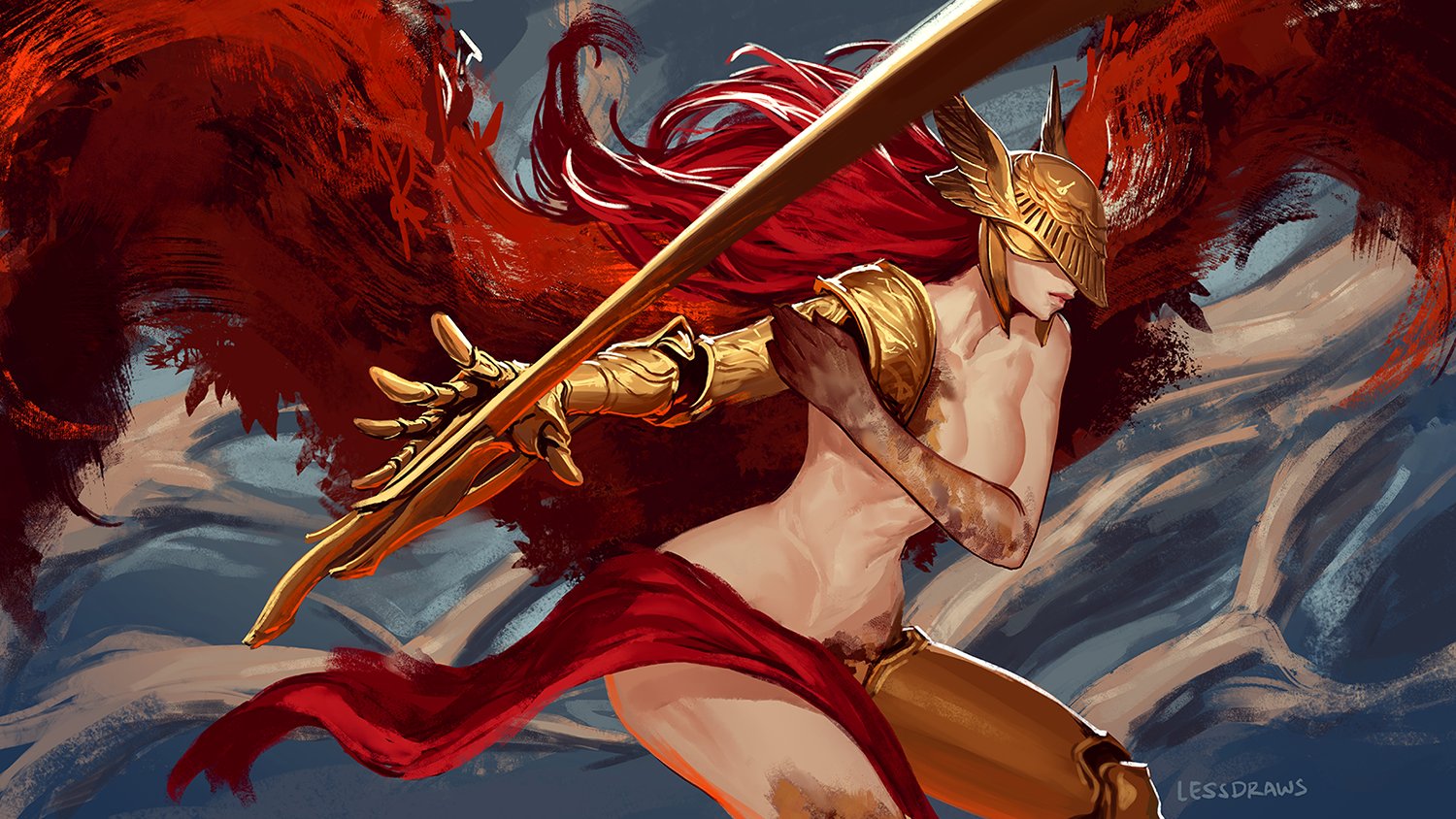 1girls, armor, breasts, casual nudity, covering breasts, covering nipples, elden ring, female, female only, fromsoftware, haohi oterin, helmet, light skin, malenia blade of miquella, nude, painting (artwork), prosthetic, prosthetic arm, solo, solo female, sword, wings