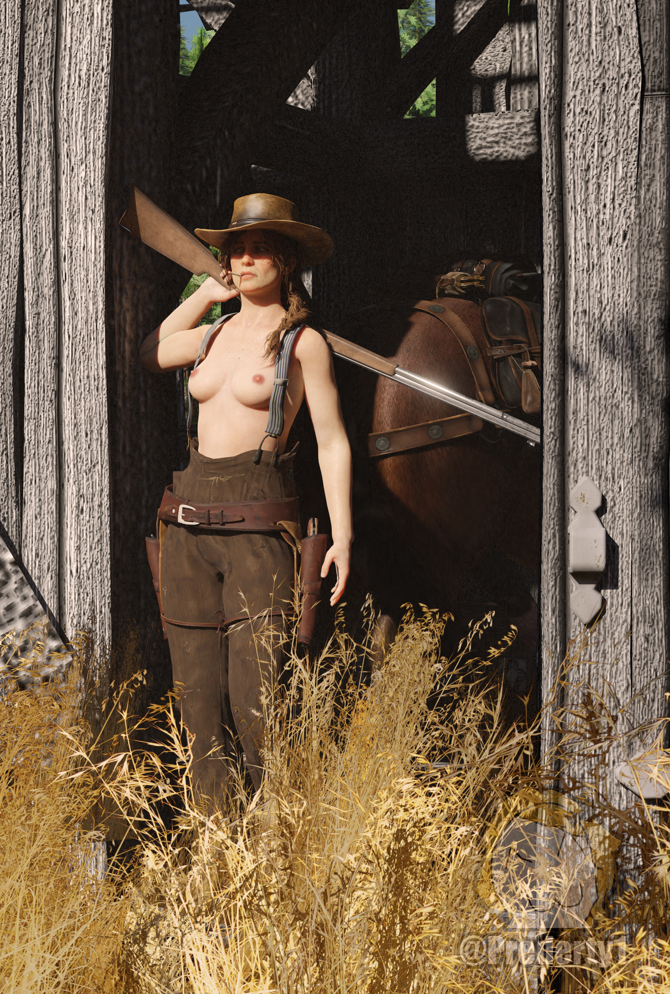 1girls, 3d, 3d (artwork), 4k, blender, blender (software), breasts, cigarette, cowboy hat, cowgirl hat, cowgirl outfit, female, female only, freckles, freckles on chest, gun, gunbelt, holding weapon, holster, male, medium breasts, partial male, pensive, prederty, red dead redemption (series), red dead redemption 2, revolver, sadie adler, smoking, solo, solo female, standing, suspenders