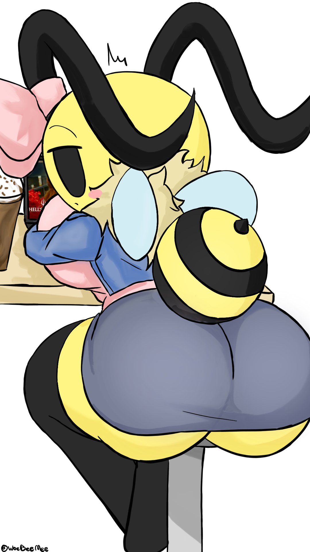 annabee (woebeeme), bee, black eyes, bored, clothed, clothed female, clothing, female, female only, nub feet, solo, solo female, stinger, table, tablet, viewed from behind, woebeeme