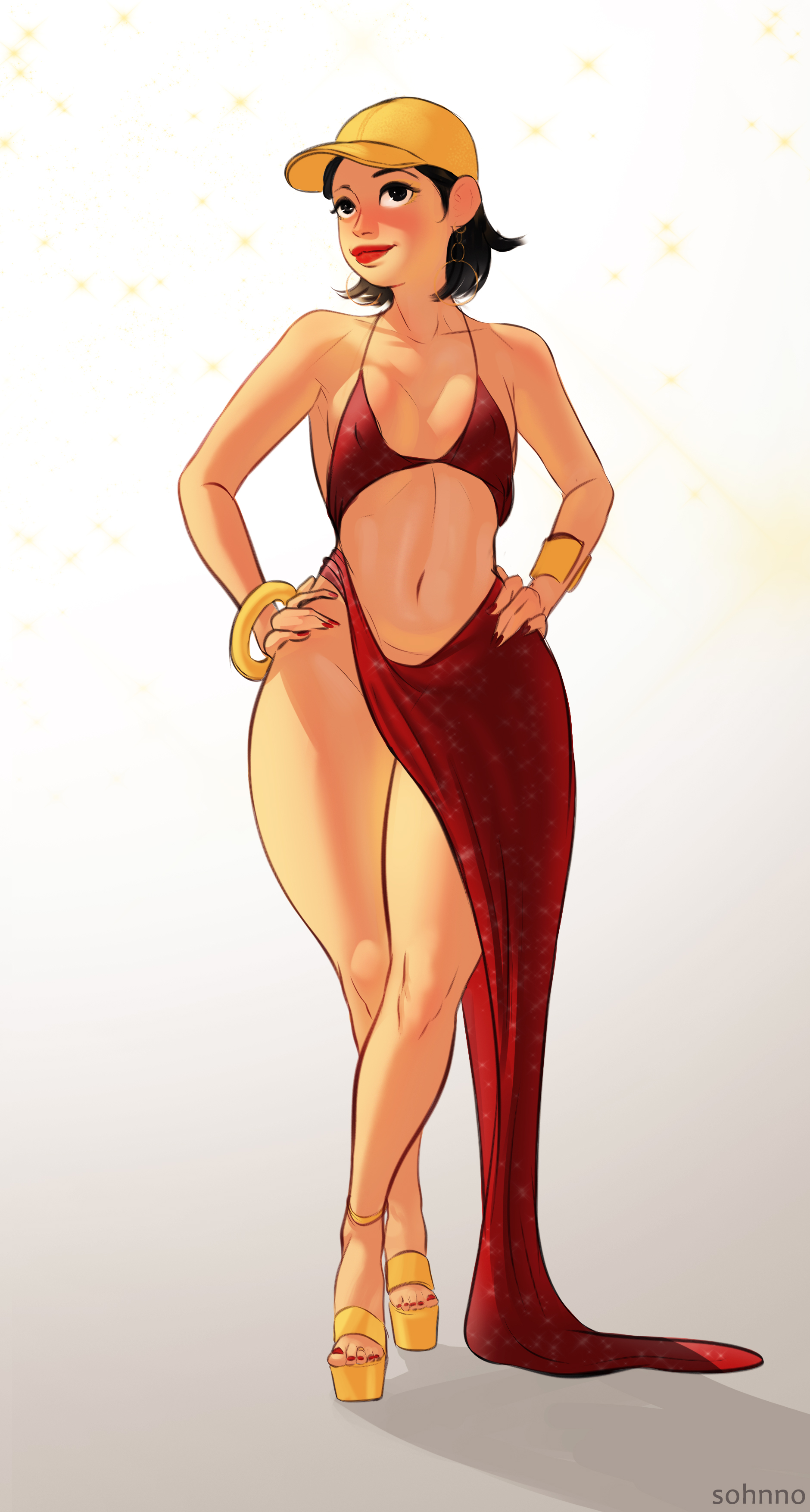 1girls, black hair, breasts, cap, daphne dress, dress, female, female focus, female only, front view, gold heels, hand on hip, hands on hips, high heels, light skin, light-skinned female, lola (sohnno), no bra, no panties, no underwear, original, original character, pose, red dress, revealing clothes, short hair, small breasts, sohnno, thick thighs