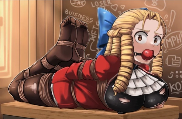 1girls, angry, arms behind back, arms tied behind back, ball gag, big breasts, blonde hair, bondage, bound, bound toes, bow, breasts, brown eyes, capcom, captured, clothes, clothing, curly hair, daniel abberton, dankestofdans, deepthroat, deepthroat gag, deepthroat training, dildo, dildo gag, dildo in mouth, drool, drooling, elegant, embarrassed, exposed, exposed breasts, feet, female, female only, femsub, forced, gag, gagged, helpless, hogtie, immobile, karin kanzuki, laying, laying down, laying on stomach, nipples, open mouth, open mouth gag, predicament bondage, punishment, restrained, ring gag, rope, ropes, saliva, scared, street fighter, street fighter v, submissive, sweatdrop, tied, tied arms, tied feet, tied hands, tied legs, tied toes, tied up, tights, torn clothes, uncomfortable, unwilling, yelling