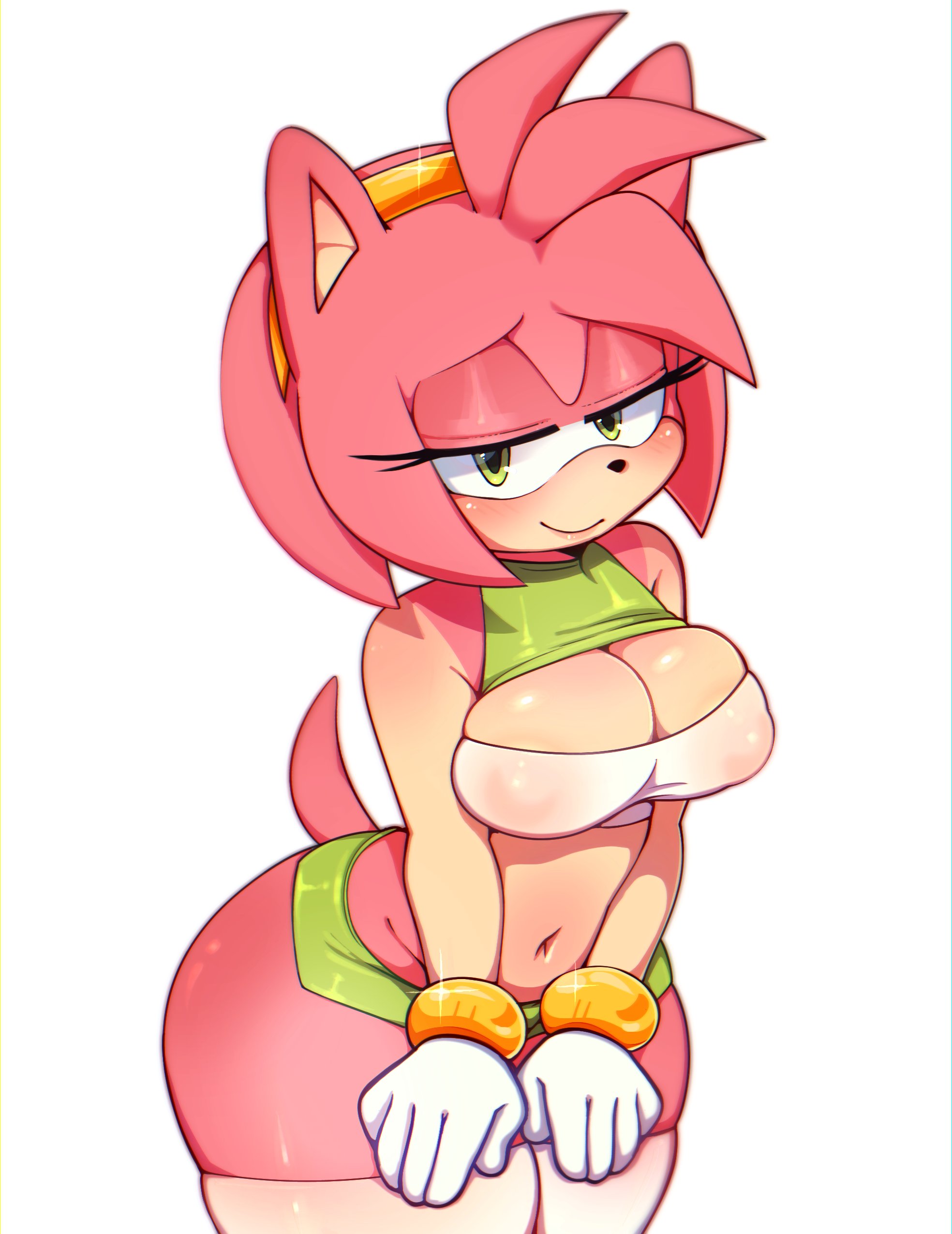 1girls, 2022, 5 fingers, absurd res, accessory, amy rose, anthro, areola, breasts, cleavage, clothed, clothing, eulipotyphlan, female, fingers, gloves, hair accessory, hairband, half-closed eyes, handwear, hedgehog, hi res, ichig8miruku, legwear, mammal, narrowed eyes, navel, pink body, pink skin, sega, simple background, smile, solo, sonic (series), sonic the hedgehog (series), white background