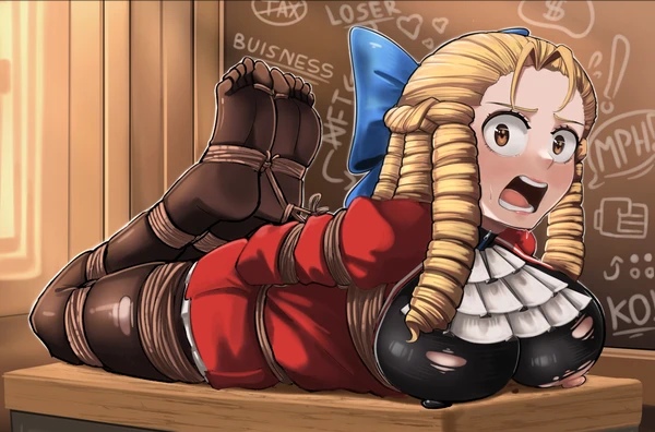 1girls, angry, arms behind back, arms tied behind back, big breasts, blonde hair, bondage, bound, bound toes, bow, breasts, brown eyes, capcom, captured, clothes, clothing, curly hair, daniel abberton, dankestofdans, elegant, embarrassed, exposed, exposed breasts, feet, female, female only, femsub, forced, helpless, hogtie, immobile, karin kanzuki, laying, laying down, laying on stomach, nipples, open mouth, predicament bondage, punishment, restrained, rope, ropes, scared, street fighter, street fighter v, submissive, sweatdrop, tied, tied arms, tied feet, tied hands, tied legs, tied toes, tied up, tights, torn clothes, uncomfortable, unwilling, yelling