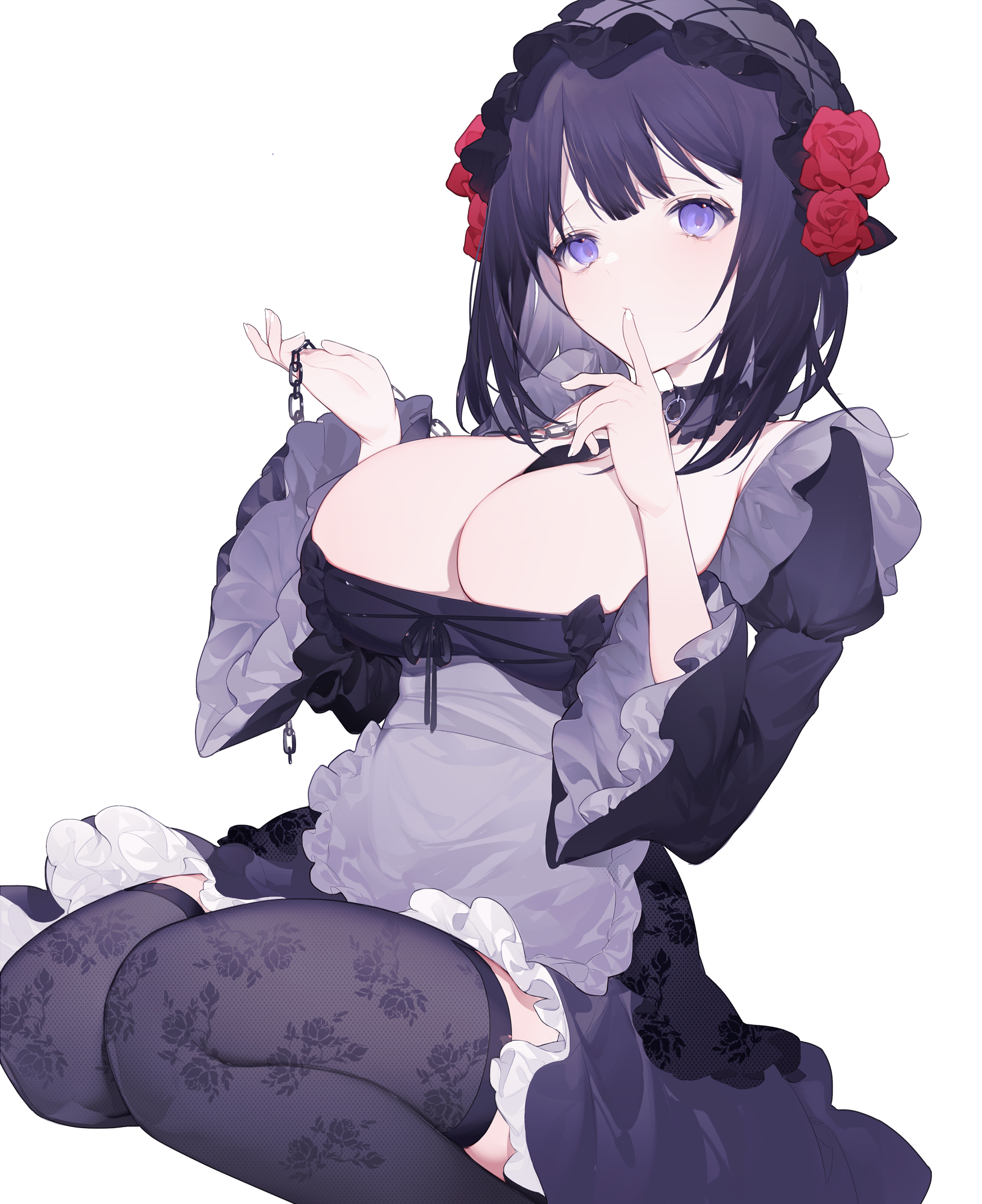 1girls, absurd res, black hair, breasts, chains, cleavage, cosplay, female, female only, gothic lolita, hi res, kitagawa marin, kuroe shizuku (cosplay), large breasts, looking at viewer, miyukiiiii, purple eyes, solo, sono bisque doll wa koi wo suru, thighhighs, thighs, white background