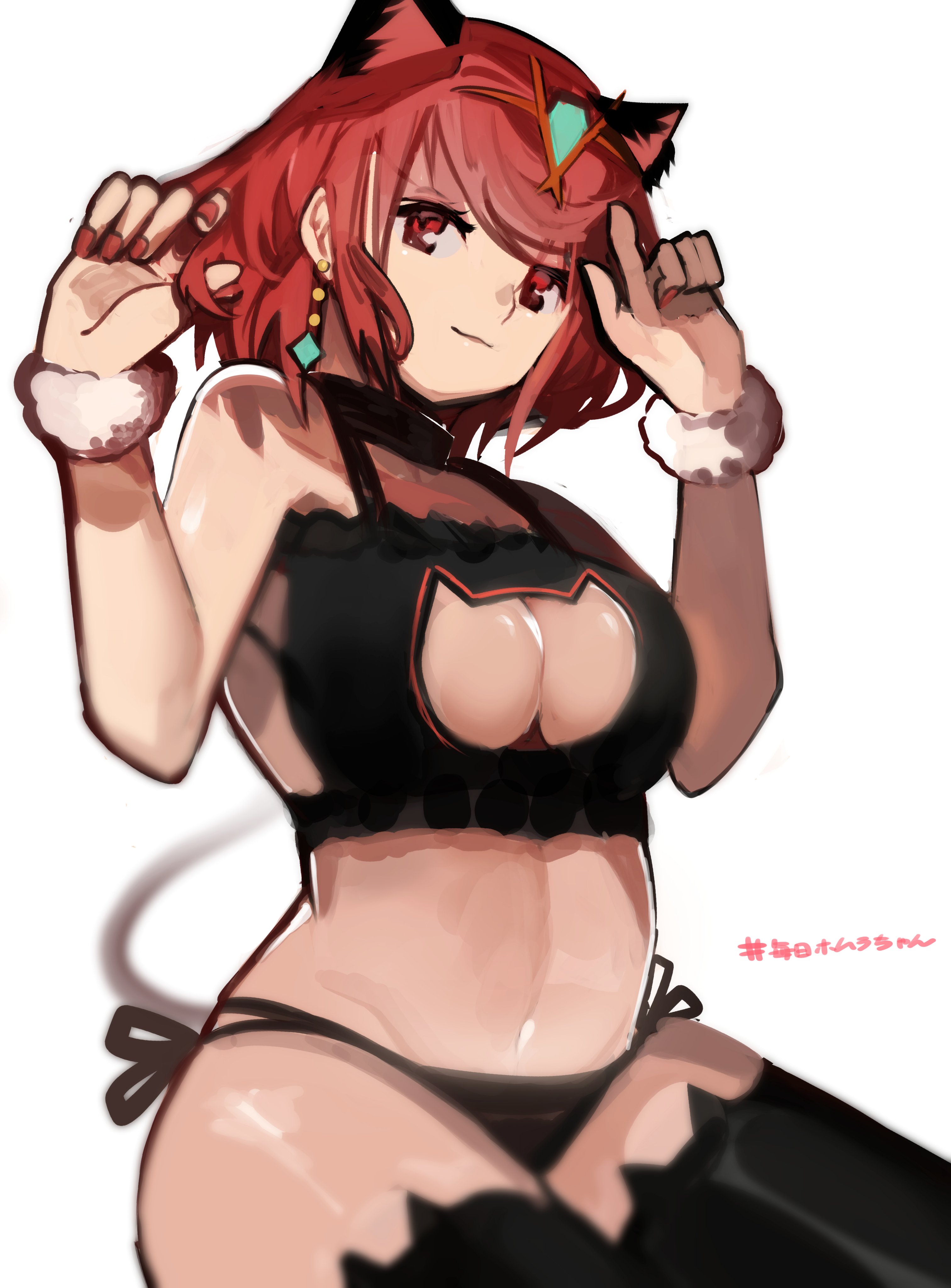 1girls, big breasts, breasts, cat ears, cat lingerie, female, pyra, tarbo (exxxpiation), thick thighs, thighhighs, white background, xenoblade (series), xenoblade chronicles 2