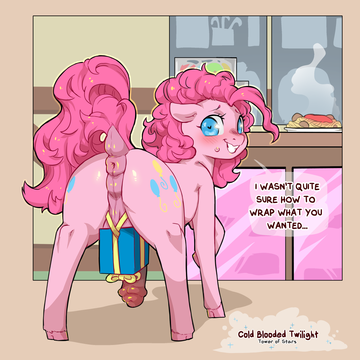 1:1, 2022, blue eyes, blush, cold-blooded-twilight, dialogue, digital media (artwork), dock, earth pony, english text, equid, equine, eyelashes, feral, food, friendship is magic, futanari, hasbro, hi res, horse, intersex, looking at viewer, looking back, mammal, my little pony, pink tail, pinkie pie (mlp), pony, puffy anus, rear view, rule 63, solo, text