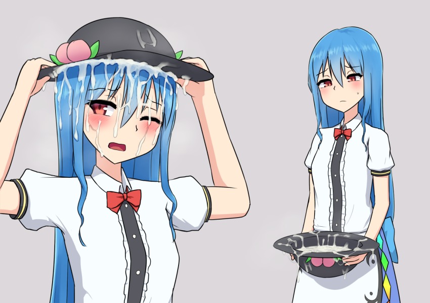 blue_hair blush cum cum_in_hair cum_in_hat cum_in_headwear cum_on_face cum_wearing peach_(fruit) red_eyes tagme tenshi_hinanawi touhou zakku_(kya--193)