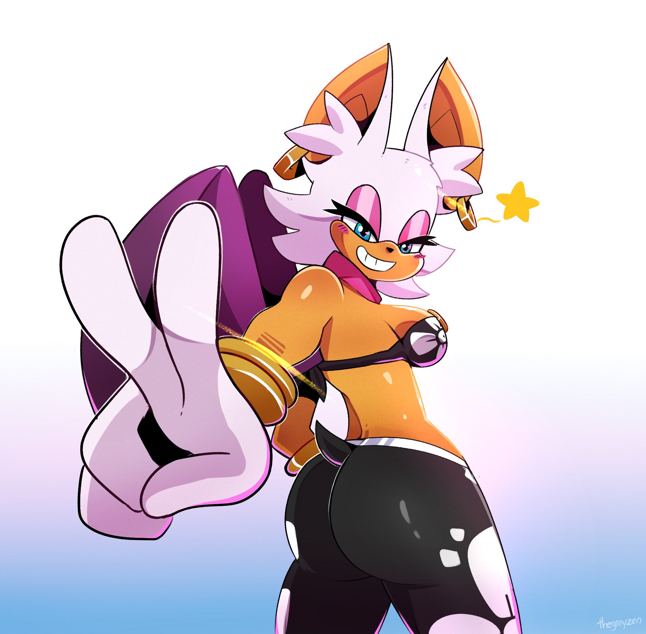 1girls, accessory, anthro, anthro focus, anthro only, ass, bat, bat ears, bat girl, bat wings, big ass, big butt, big ears, blue eyes, blush, blushing at viewer, breasts, curvy, earrings, eyeshadow, fat ass, female, female focus, female only, fur, gloves, large ass, light skin, light-skinned female, long ears, looking back, medium breasts, pink eyeshadow, rouge the bat, sega, sideboob, simple background, smile, smiling, smiling at viewer, solo, solo female, sonic (series), sonic the hedgehog (series), tagme, tail, thegreyzen, thick ass, voluptuous, white fur, white gloves