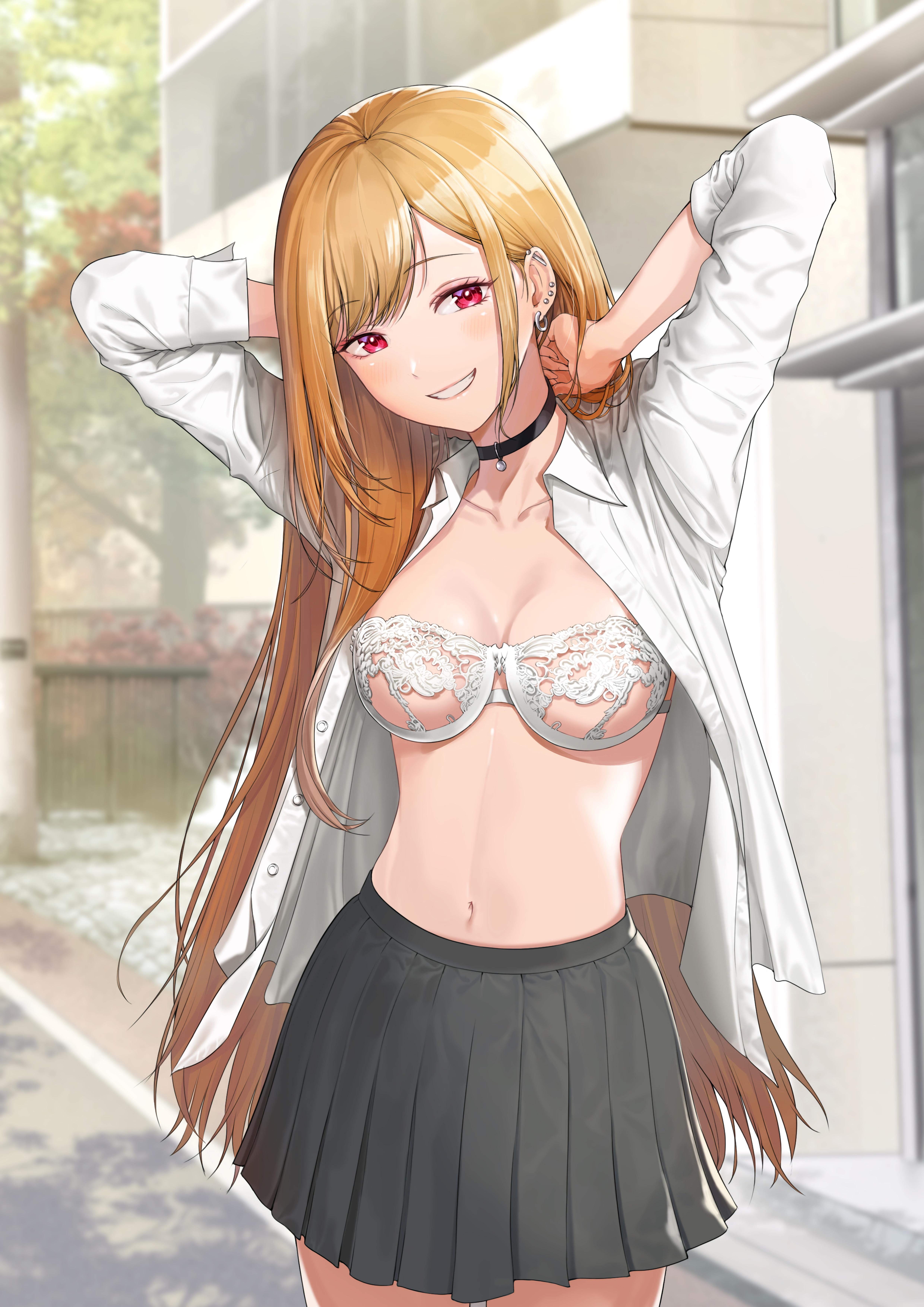 bangs, belly button, blonde hair, blush, bra, breasts, button down shirt, choker, collarbone, female, female only, hands behind head, kitagawa marin, lace, lace bra, large breasts, long hair, looking at viewer, midriff, open shirt, piercing, red eyes, skirt, smile, solo, solo female, sono bisque doll wa koi wo suru