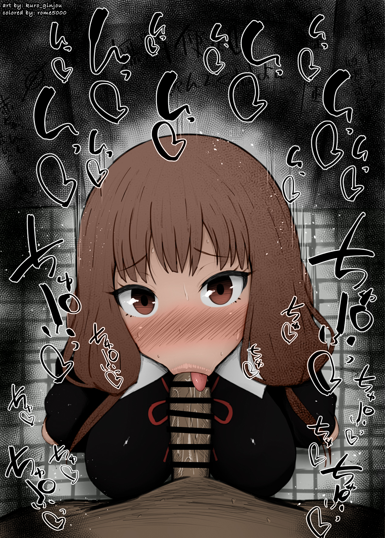 :>=, 1boy, 1girls, blush, breasts, censor bar, censored, clothed female nude male, clothing, color, colored, completely nude, dark skin, dark-skinned male, dress, erection, eyebrows visible through hair, fellatio, female, furrowed eyebrows, head tilt, heart, iino miko, indoors, japanese language, japanese text, kaguya-sama wa kokurasetai ~tensai-tachi no renai zunousen~, kurotama, large breasts, large penis, legs, licking, light skin, light-skinned female, lips, long hair, looking at another, looking at viewer, looking up, male, male pov, nude, nude male, oral, penis, penis licking, pointless censoring, pov, pov crotch, precum, public use, saliva, saliva on penis, school uniform, shiny, shiny skin, solo focus, sound effects, spread legs, squatting, sweat, text, thighs, tile floor, tiles, toilet, tongue, tongue out, uniform, urinal, veins, veiny penis, viewed from above, wall