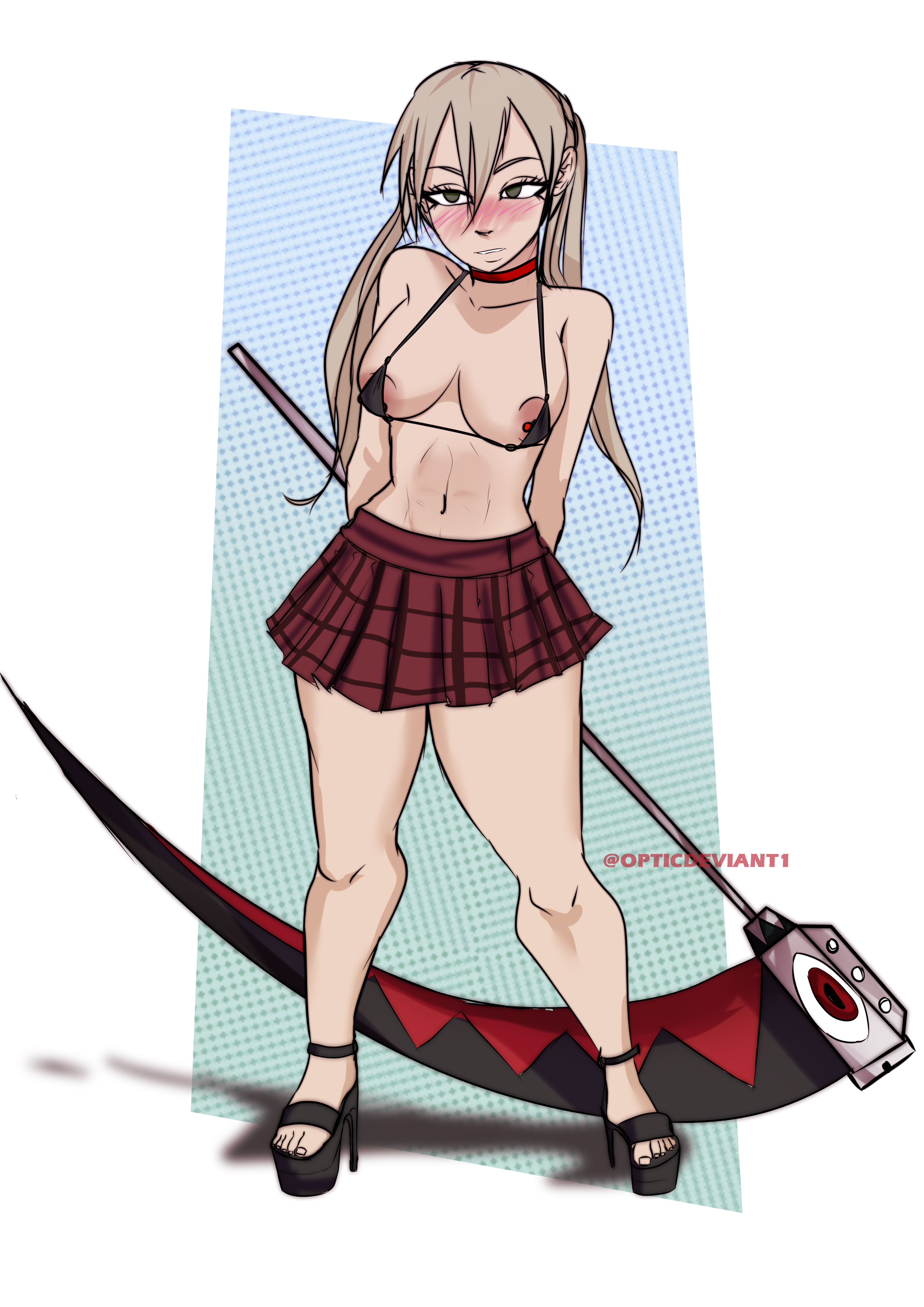 blonde hair, breasts, completely naked, completely nude, feet, female, green eyes, maka albarn, medium breasts, naked, nipple piercing, nipples, nude, piercing, pussy, school uniform, schoolgirl uniform, soul eater, vagina