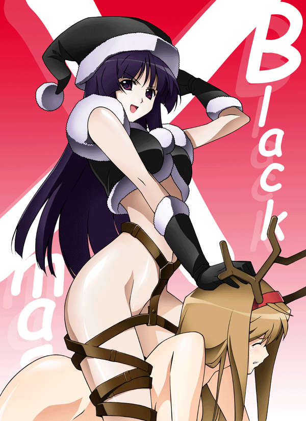 2girls animal_ear antlers blue_hair bottomless brown_hair censored christmas convenient_censoring female femdom gloves hat hiiragi_akao hime_cut jinki long_hair midriff multiple_girls nude purple_hair riding shiba slave source strap straps tears tsunashima_shirou yuri