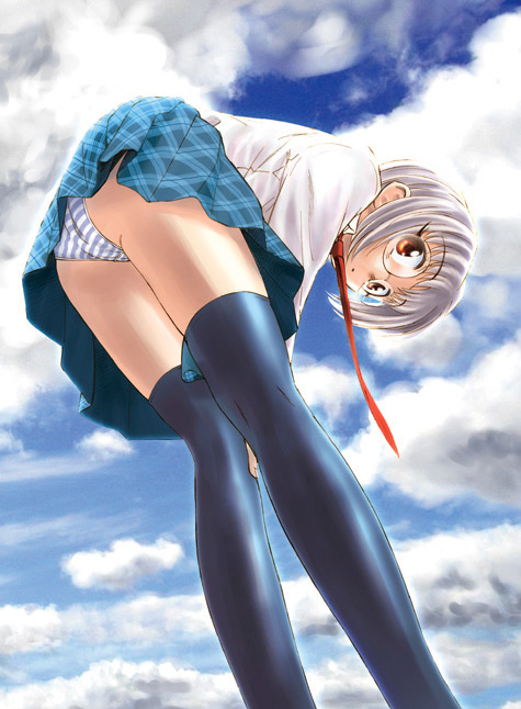 black_legwear blue_panties glasses original panties pantyshot pantyshot_(standing) school_uniform seifuku serafuku sky standing striped striped_panties thighhighs underwear unno_hotaru