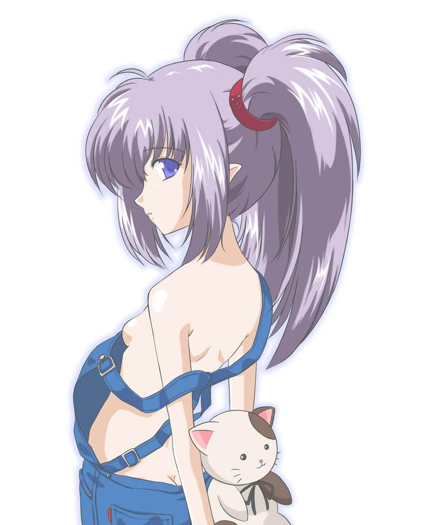 1girls bare_shoulders blue_eyes breast butt_crack feline female flat_chest grey_hair hide_(rightstuff_annex) naked_overalls no_bra no_panties overalls pointy_ears primula shuffle! sideboob silver_hair small_breasts solo stuffed_animal stuffed_cat stuffed_toy tied_hair topless twintails