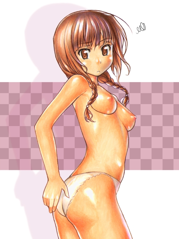 braid breasts female female_only himehajime human kimi_kiss looking_aside mizusawa_mao panties shunin side_view solo squiggle standing tan_skin topless traditional_media twin_braids underwear underwear_only white_panties