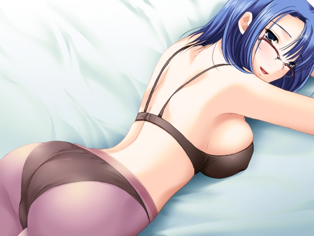 1girls ass bb black_bra black_panties blue_hair bra breasts female game_cg glasses hakui_no_gohoushi huge_breasts kinmedai_pink lingerie lying mai_ryouka panties panties_under_pantyhose pantyhose short_hair solo underwear