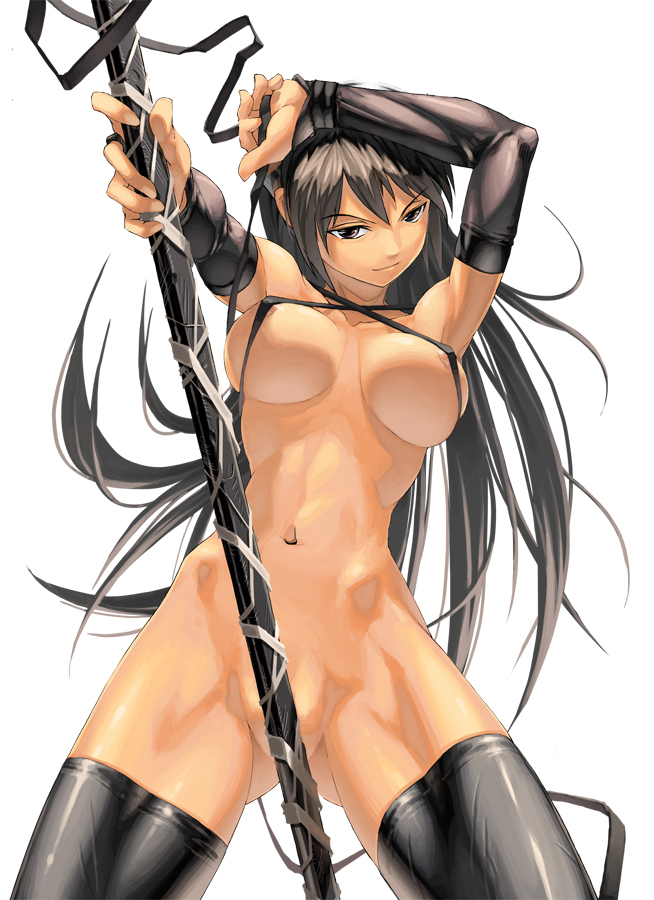 areola_slip areolae armpits arms_up black_hair black_legwear black_thighhighs bottomless breasts brown_eyes crotch_rub elbow_gloves fingerless_gloves gloves long_hair midriff muscle muscular_female naked_thighhighs nipple_slip nipples nude polearm ribbon ribbons simple_background smile solo sun-3 sword thighhighs thighs weapon