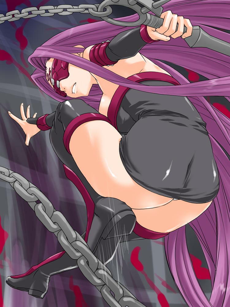 ass boots dress fate/stay_night fate_(series) medusa_(fate) miniskirt panties shinama skirt solo strapless_dress thighhighs underwear white_panties