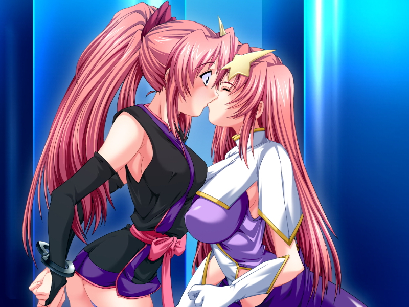 2girls :o armpits arms_behind_back ass asymmetrical_docking bangs blue_eyes blue_panties blush bondage bow breast_press breasts bridal_gauntlets bust capelet closed_eyes cuffs elbow_gloves embarrassed erect_nipples female game_cg gloves gundam gundam_seed gundam_seed_destiny hair_ornament hairbow handcuffs highleg highleg_leotard impossible_clothes impossible_clothing impossible_leotard indoors japanese_clothes kimono kissing lacus_clyne large_breasts leotard long_hair meer_campbell midriff multiple_girls natsuka_qya no_bra open_mouth panties pantyshot parted_bangs ponytail profile sash seed short_kimono sideboob skin_tight skirt star surprised thong tied_hair turtleneck underwear very_long_hair white_gloves yuri