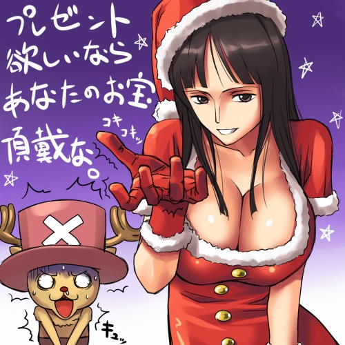 1girls black_hair breasts brown_eyes christmas christmas_outfit cleavage female female_focus grey_eyes japanese_text long_hair lowres male mosha nico_robin one_piece pre-timeskip santa_hat tony_tony_chopper translation_request uncensored