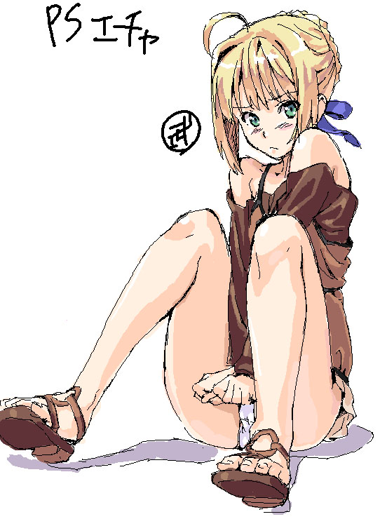 artoria_pendragon fate/stay_night fate_(series) legs oekaki open_toe_shoes panties pantyshot pantyshot_(sitting) pantyshot_sitting saber shin_jugai sitting skirt_tug solo takeda_hiromitsu underwear white_panties