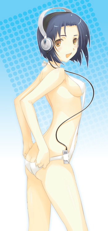 1girls bandeau_bikini blue_hair breasts dasoku_sentarou digital_media_player erect_nipples female headphones ipod original sideboob sling_bikini solo standing swimsuit yellow_eyes