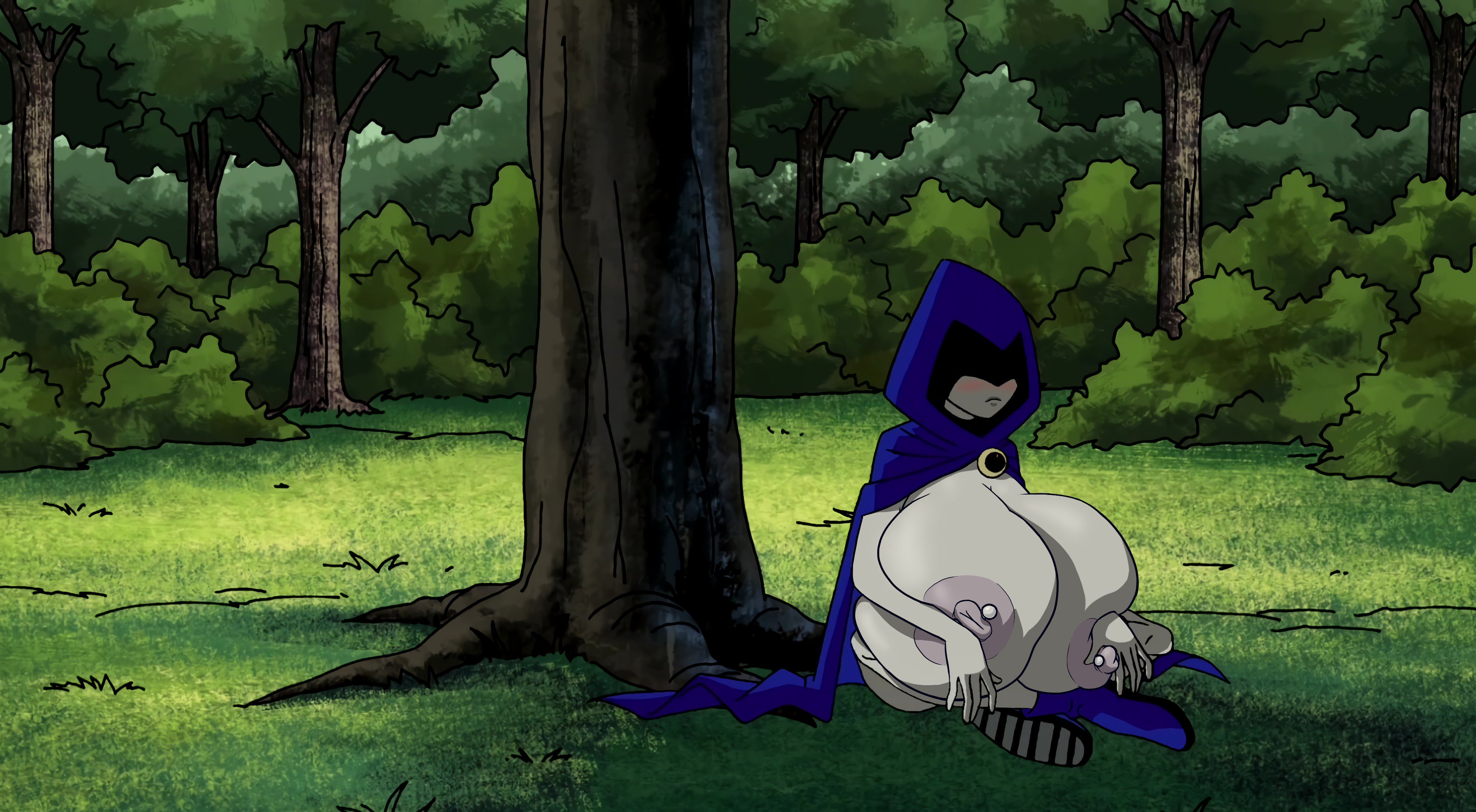 alternate breast size, big nipples, blush, breast squeeze, breast squish, breasts, covering breasts, cowl, dc, dc comics, edit, female, forest, gigantic breasts, grass, hood, huge breasts, huge nipples, hyper breasts, hyper nipples, large areolae, mantle, nature, nipple piercing, nipple piercings, nipples, piercing, rachel roth, raven (dc), screenshot, screenshot edit, shy, sitting, small but busty, solo, teen titans, tree, yetig
