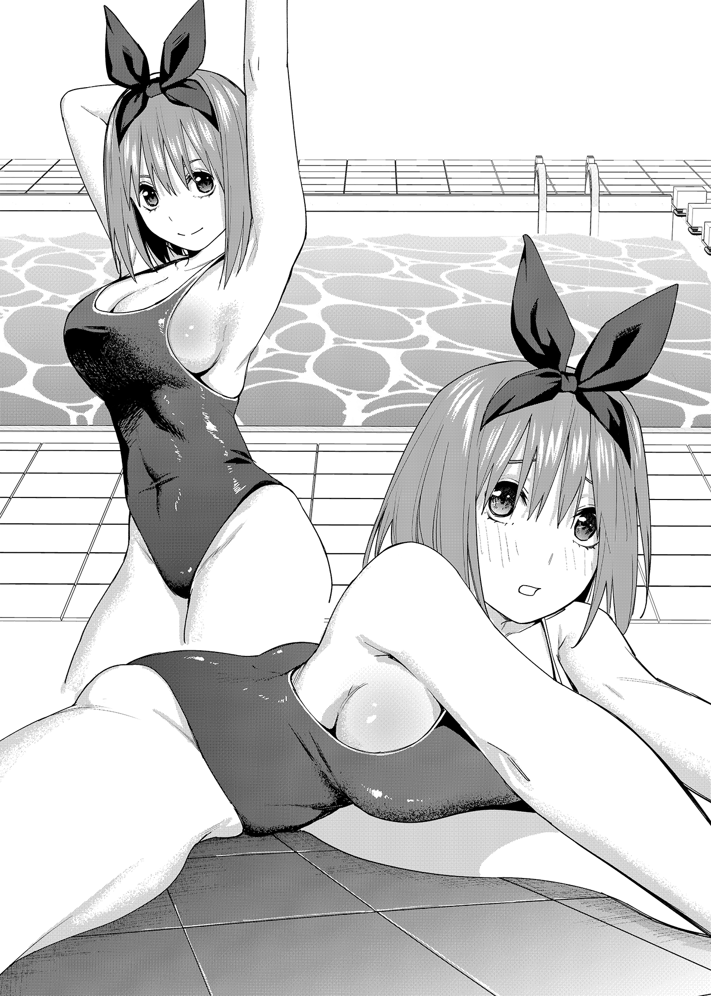 1girls, arm behind head, arms up, athletic, athletic female, bent over, big breasts, blush, breasts, bust, busty, cleavage, competition school swimsuit, competition swimsuit, embarrassed, female, female only, flexible, go-toubun no hanayome, hair between eyes, hair ornament, hair ribbon, huge breasts, kosmos beta, leaning, leaning forward, long hair, monochrome, nakano yotsuba, one-piece swimsuit, oppai, pool, poolside, ribbon, school swimsuit, sitting, splits, spread legs, standing, stretching, swimming pool, swimsuit, tight clothing, tight swimsuit