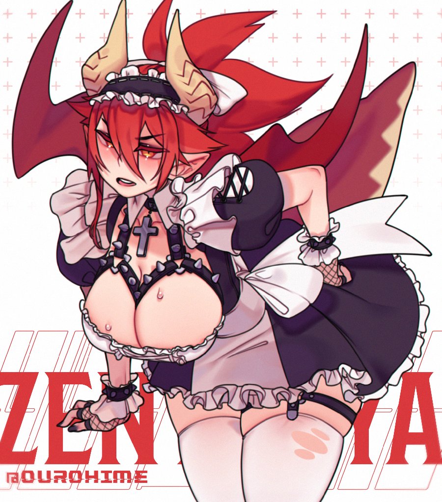 breasts, cleavage, clothing, cowboy shot, dragon girl, dragon horns, dragon wings, female, female only, headdress, headwear, horns, large breasts, light skin, light-skinned female, maid, maid headdress, monster girl, ourohime, pointed ears, red hair, solo, solo female, sweat, sweatdrop, sweating, sweaty, virtual youtuber, vshojo, wings, yellow eyes, zentreya