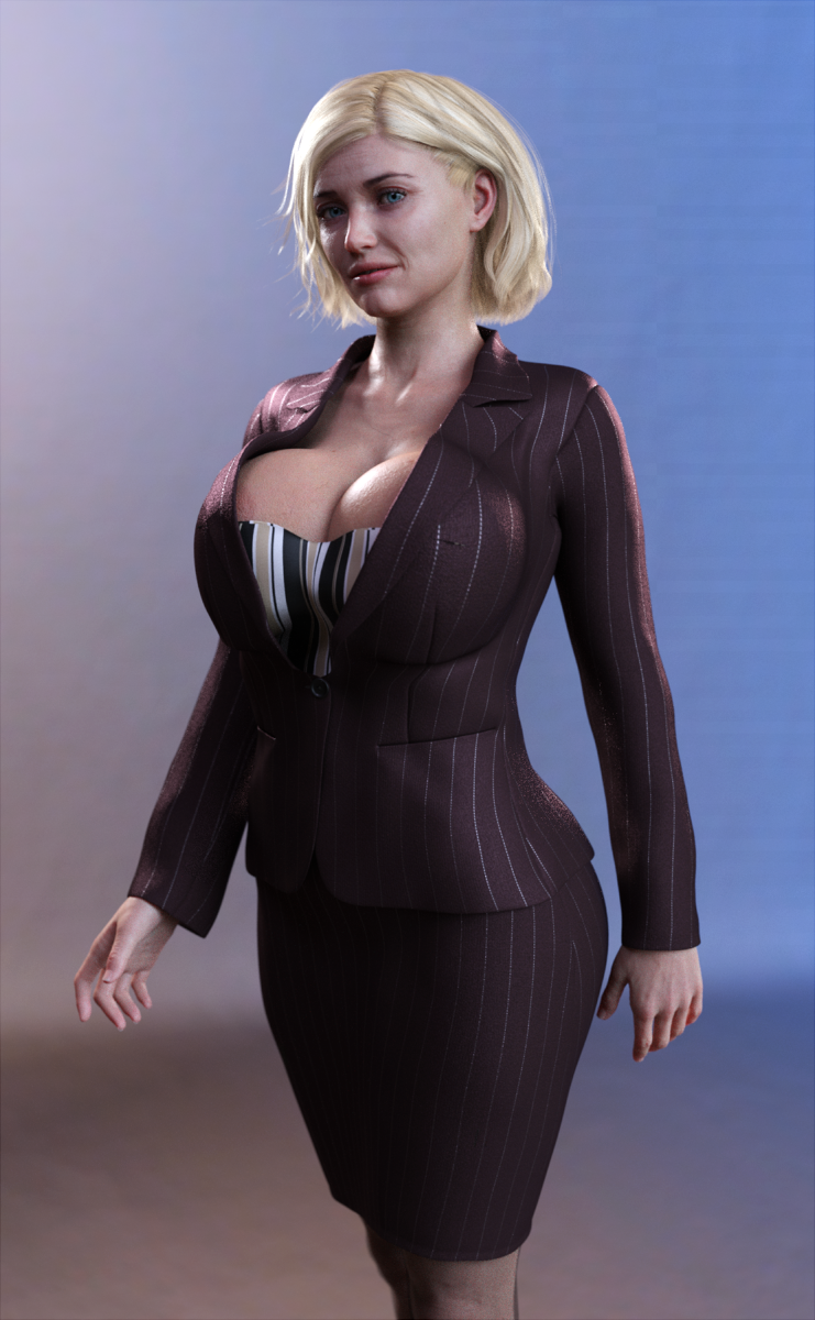 1girls 2019 3d blonde_hair business_suit cleavage clothed clothing female female_only huge_breasts mature mature_female milf office_lady pbrown201077 skirt slushe_(website) solo solo_female standing