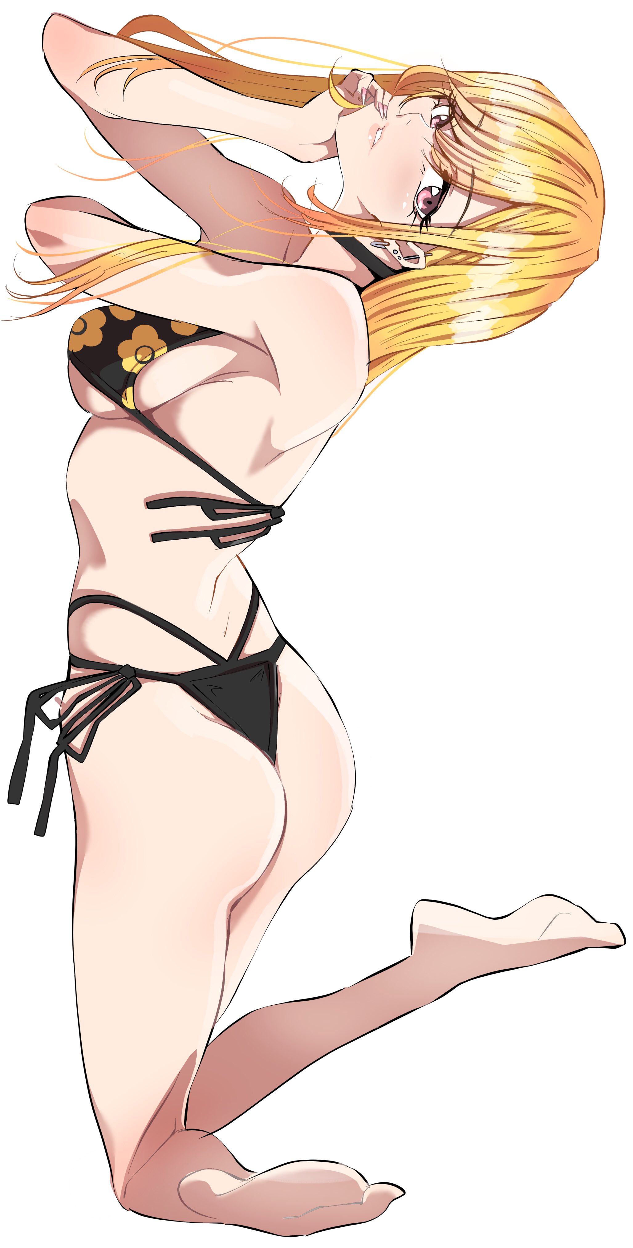 absurdres, arched back, blonde hair, breasts, eyebrows visible through hair, feet, female, gyaru, highres, kimuwaipu, kitagawa marin, long fingernails, looking at viewer, looking back, medium breasts, seiza, simple background, sitting, solo, sono bisque doll wa koi wo suru, swimsuit, white background