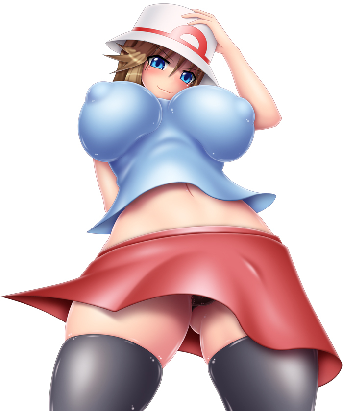 alternate_breast_size big_breasts black_stockings blue_eyes brown_hair game_freak giant_breasts green_(pokemon) harumi harumi_(harumix) huge_breasts large_breast large_breasts leaf_(pokemon) looking_at_viewer looking_down looking_down_at_viewer nintendo pokemon pokemon_rgby red_skirt skirt smirk smirking smirking_at_viewer staring_at_viewer stockings