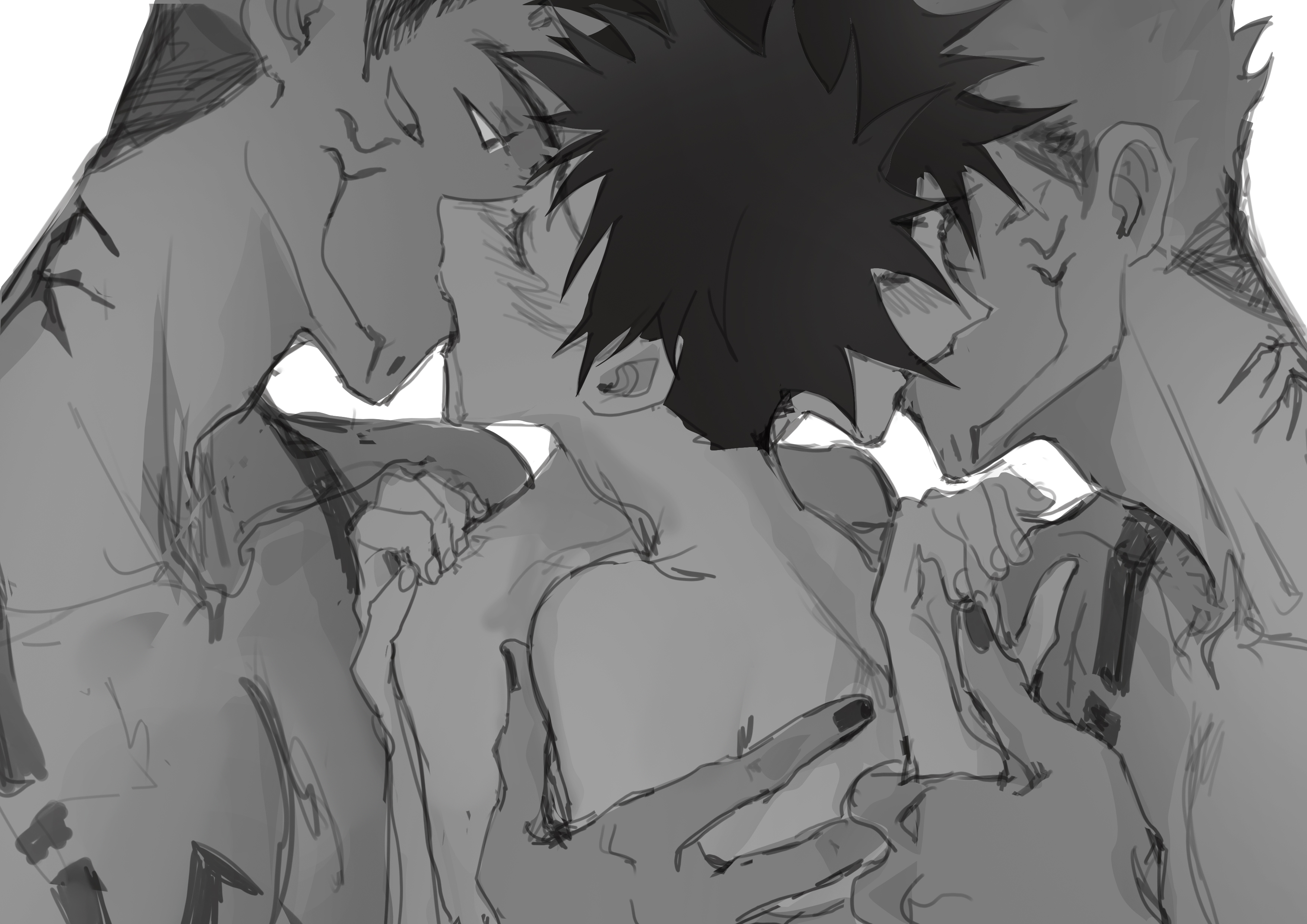 140wwwei, 4boys, arm tattoo, blush, chest tattoo, closed eyes, dual persona, facial tattoo, foursome, fushiguro megumi, gay, group sex, jujutsu kaisen, kissing, looking at another, male, male focus, male only, male penetrated, male penetrating, male/male, multi eye, multiple boys, multiple males, nail polish, nude, ryoumen sukuna (jujutsu kaisen), short hair, size difference, spiked hair, tattoo, undercut, yaoi