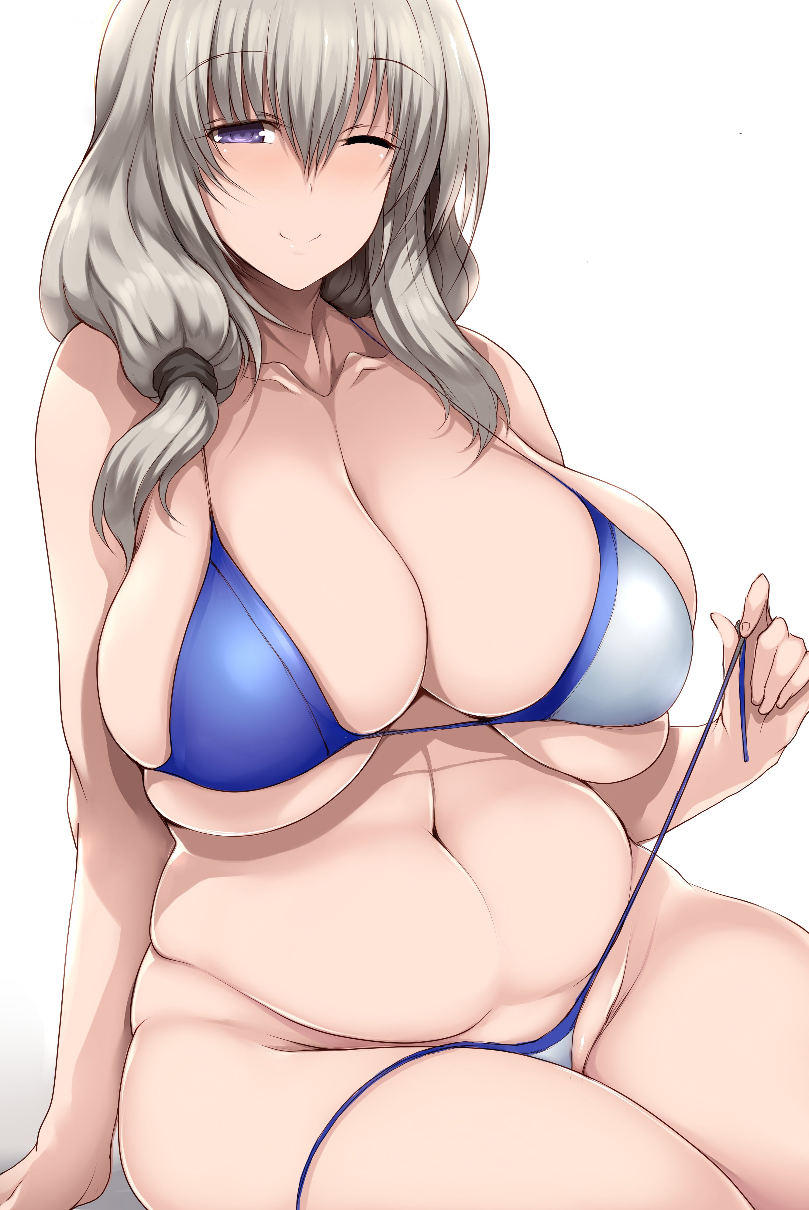 1girls, 2022, belly button, bikini, bikini bottom removed, blue eyes, blush, breasts, busty, cleavage, curvy, female, female only, grey hair, hi res, hips, huge breasts, long hair, looking at viewer, massive breasts, mature female, milf, mother, side ponytail, simple background, slightly chubby, smile, suggestive look, thick thighs, thighs, tsukasawa takamatsu, undressing, uzaki hana (cosplay), uzaki tsuki, uzaki-chan wa asobitai!, voluptuous, wide hips