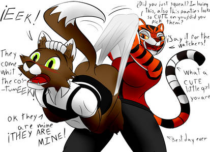 1boy 1girls anthro anthro_only ass brown_fur canine commission crossdressing english_text exposed exposed_ass feline female fox furry furry_only kung_fu_panda maid maid_headdress maid_uniform male master_tigress text the_killer_wc tiger tkwc_(character) wedgie white_background