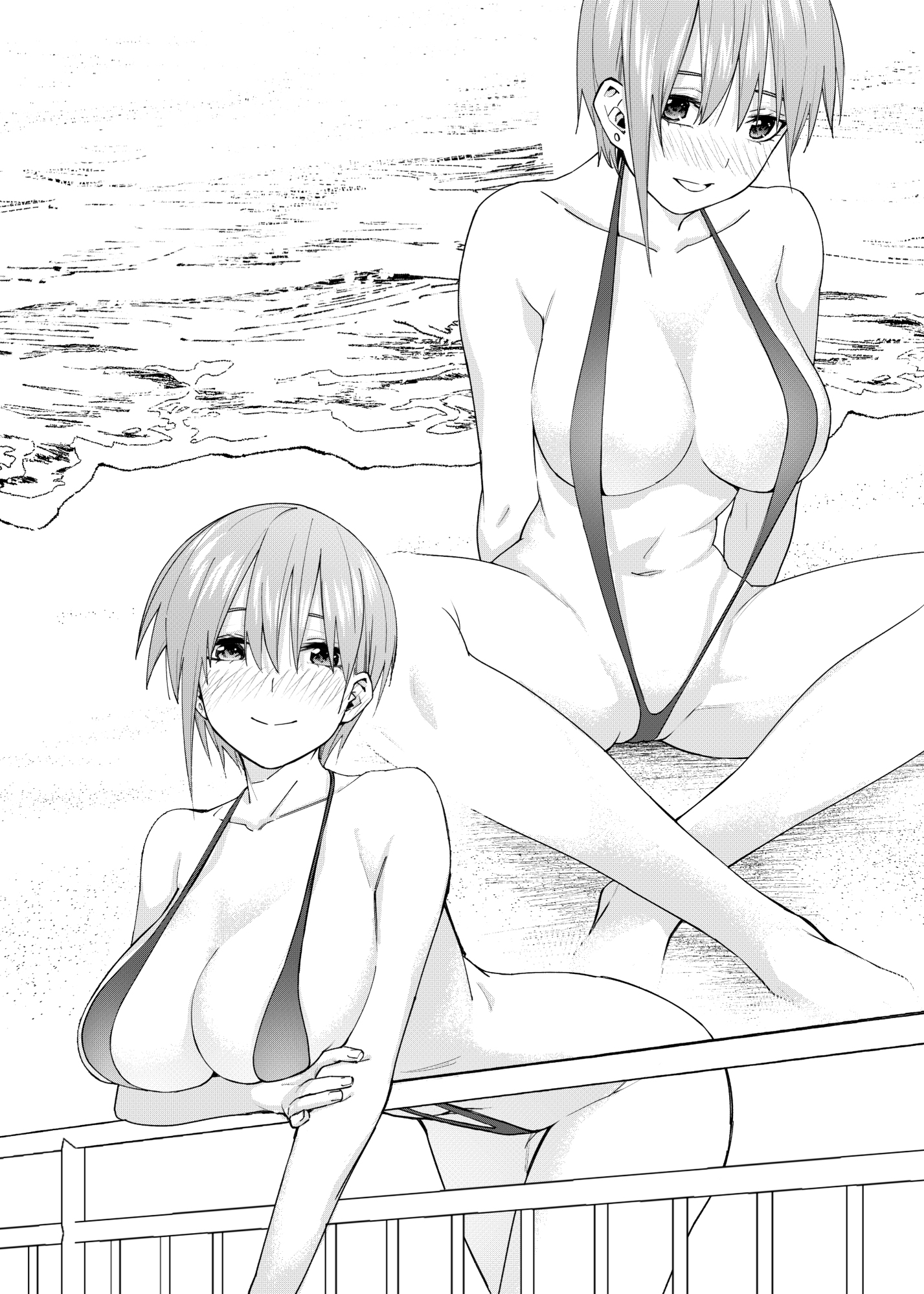 1girls, arm under breasts, bare arms, bare legs, bare shoulders, bare thighs, barefoot, beach, bent over, big breasts, blush, breasts, bust, busty, cleavage, female, female only, go-toubun no hanayome, huge breasts, impossible clothes, impossible swimsuit, kosmos beta, large breasts, leaning, leaning forward, monochrome, nakano ichika, ocean, one-piece swimsuit, oppai, railing, revealing clothes, revealing swimsuit, sand, seaside, shore, short hair, sitting, skimpy, skimpy bikini, sling bikini, slingshot swimsuit, smile, solo, solo focus, standing, swimsuit, water