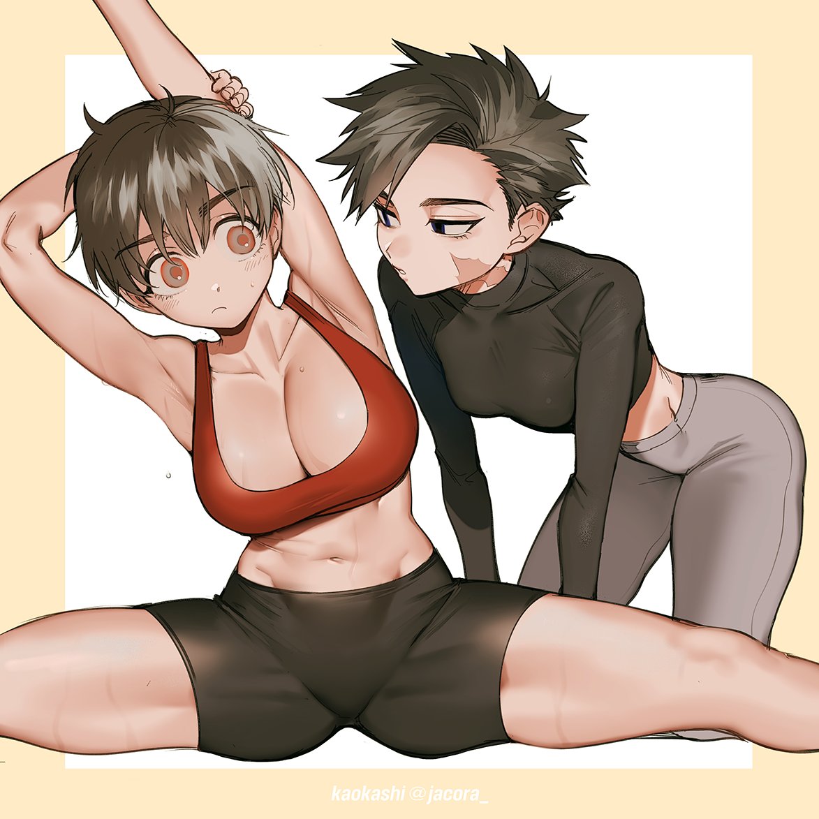 2020s 2021 2girls all_fours arm_behind_head armpits arms_up black_bottomwear black_eyes black_hair black_shirt black_shorts bra breasts brown_eyes brown_hair cleavage collarbone commentary compression_shorts crop_top dotsuco female flexible genderswap_(mtf) grey_pants large_breasts looking_at_another midriff multiple_girls navel original pants red_bra rule_63 scar scar_on_face sexy_armpits shirt short_hair shorts small_breasts split sports_bra spread_legs stomach stretch sweat tomboy underwear very_short_hair