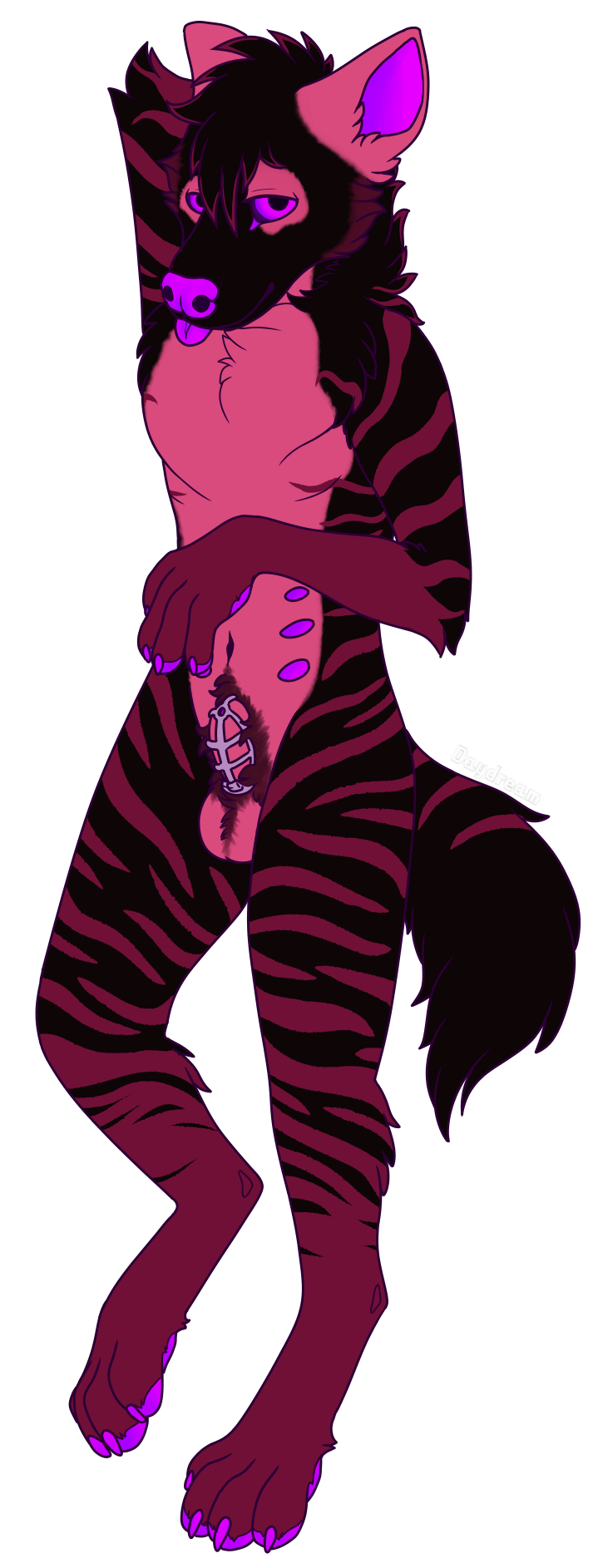 anatomically_correct anthro atrius atrius97 belly_nipples black_body blep cackling-beast chastity_cage chastity_device fur hi_res hyaenid looking_at_viewer male mammal pink_body pink_fur pink_stripes purple_body purple_eyes purple_skin solo striped_hyena stripes tongue tongue_out