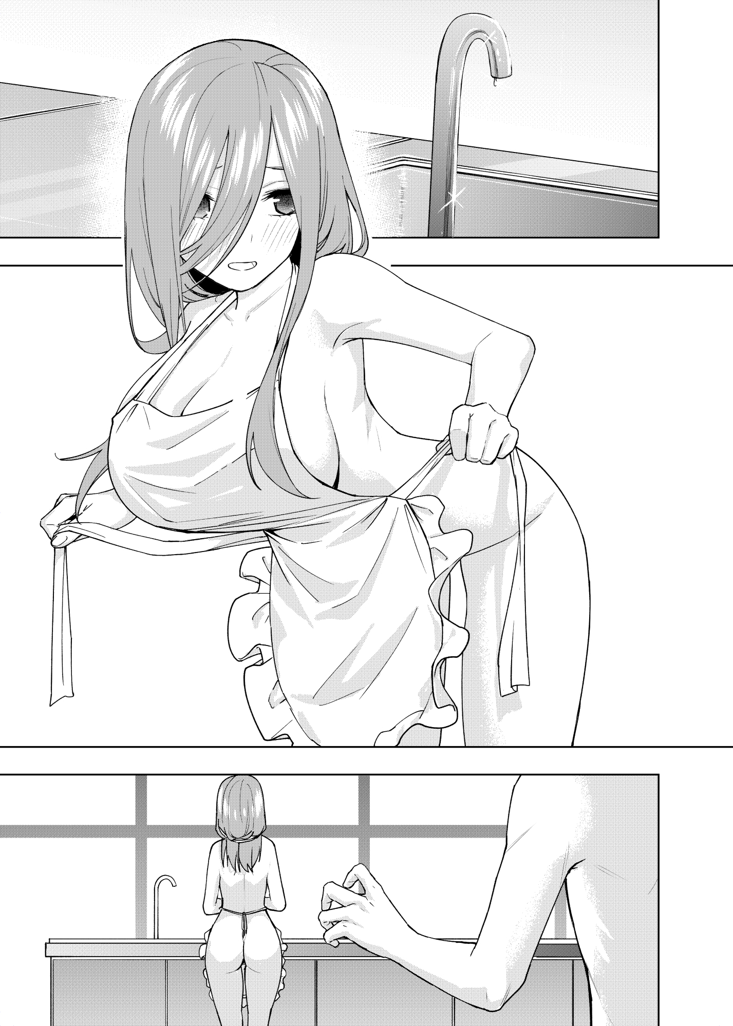 1boy, 1girls, adjusting clothes, almost naked, apron, apron only, arched back, ass, bare arms, bare ass, bare back, bare legs, bare shoulders, bare thighs, barely clothed, breasts, bust, busty, cleavage, faceless male, female, female focus, functionally nude, go-toubun no hanayome, hair between eyes, indoors, kitchen, kosmos beta, leaning, leaning forward, long hair, male, monochrome, mostly nude, nakano miku, naked, naked apron, oppai, partially clothed, revealing clothes, sink, standing, surprise, surprised, voluptuous, walk-in, washing dishes