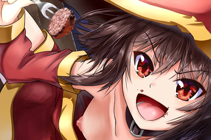 accidental_exposure brown_hair collar detached_sleeves eating eyebrows_visible_through_hair fork hat hetare_(pixiv) kono_subarashii_sekai_ni_shukufuku_wo! megumin no_bra open_mouth red_eyes small_breasts steak