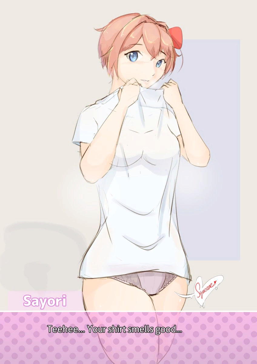 9_9bird blue_eyes doki_doki_literature_club just_sayori panties sayori_(doki_doki_literature_club) shirt strawberry_blonde_hair white_shirt