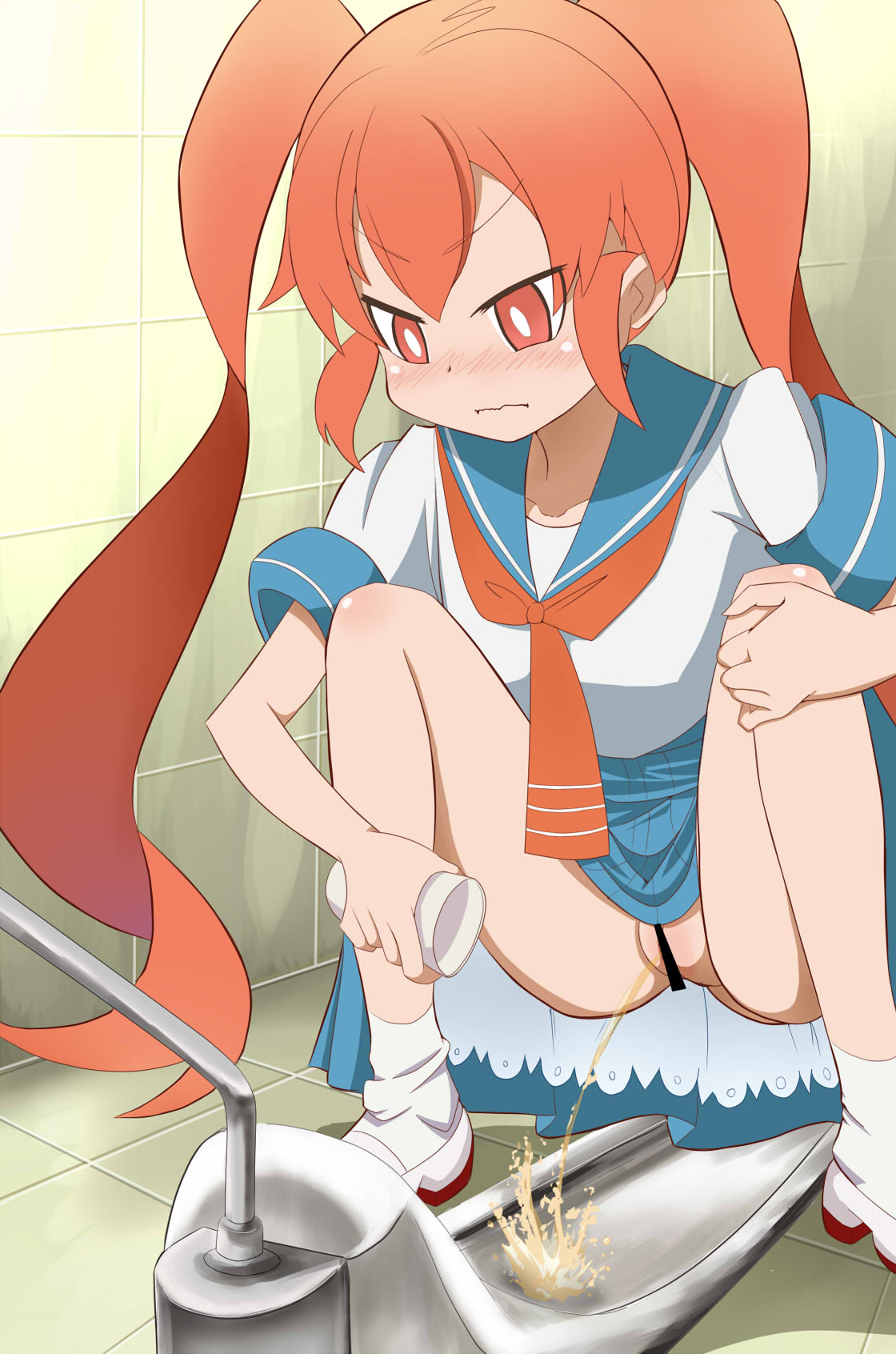 bathroom blue_skirt blush censor_bar censored clavicle clothing cup female footwear hand_on_own_knee hetare_(pixiv) high_resolution holding legwear long_hair looking_down neckerchief nopan orange_eyes orange_hair orange_neckwear peeing school_uniform shirt shoes short_sleeves skirt slip-on_shoes socks squat_toilet squatting tied_hair toilet toilet_use twintails ueno-san_wa_bukiyou ueno_(ueno-san_wa_bukiyou) uniform urinating urine uwabaki vagina wall white_footwear white_legwear white_shirt