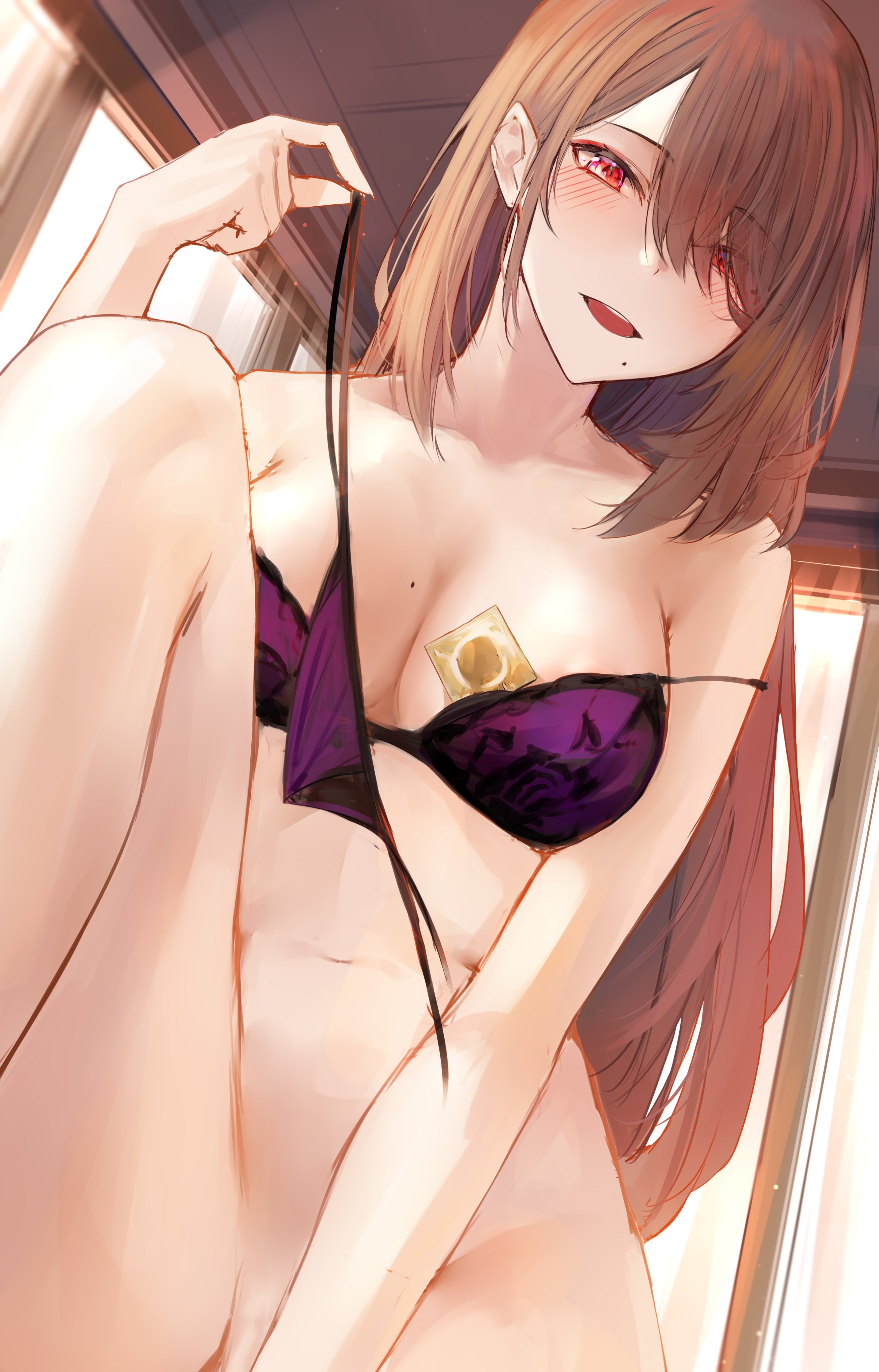 1girls, absurd res, absurdres, areola slip, areolae, blush, bottomless, bra, breasts, brown hair, collarbone, commentary, condom, condom wrapper, detailed background, english commentary, female, hair over one eye, hi res, highres, holding, holding clothes, holding panties, holding underwear, indoors, large breasts, long hair, looking at viewer, mole, mole on breast, mole under mouth, naoko kirishima, naokomama, navel, open mouth, original, panties, purple bra, purple panties, red eyes, smile, solo, strap slip, teeth, underwear, upper teeth