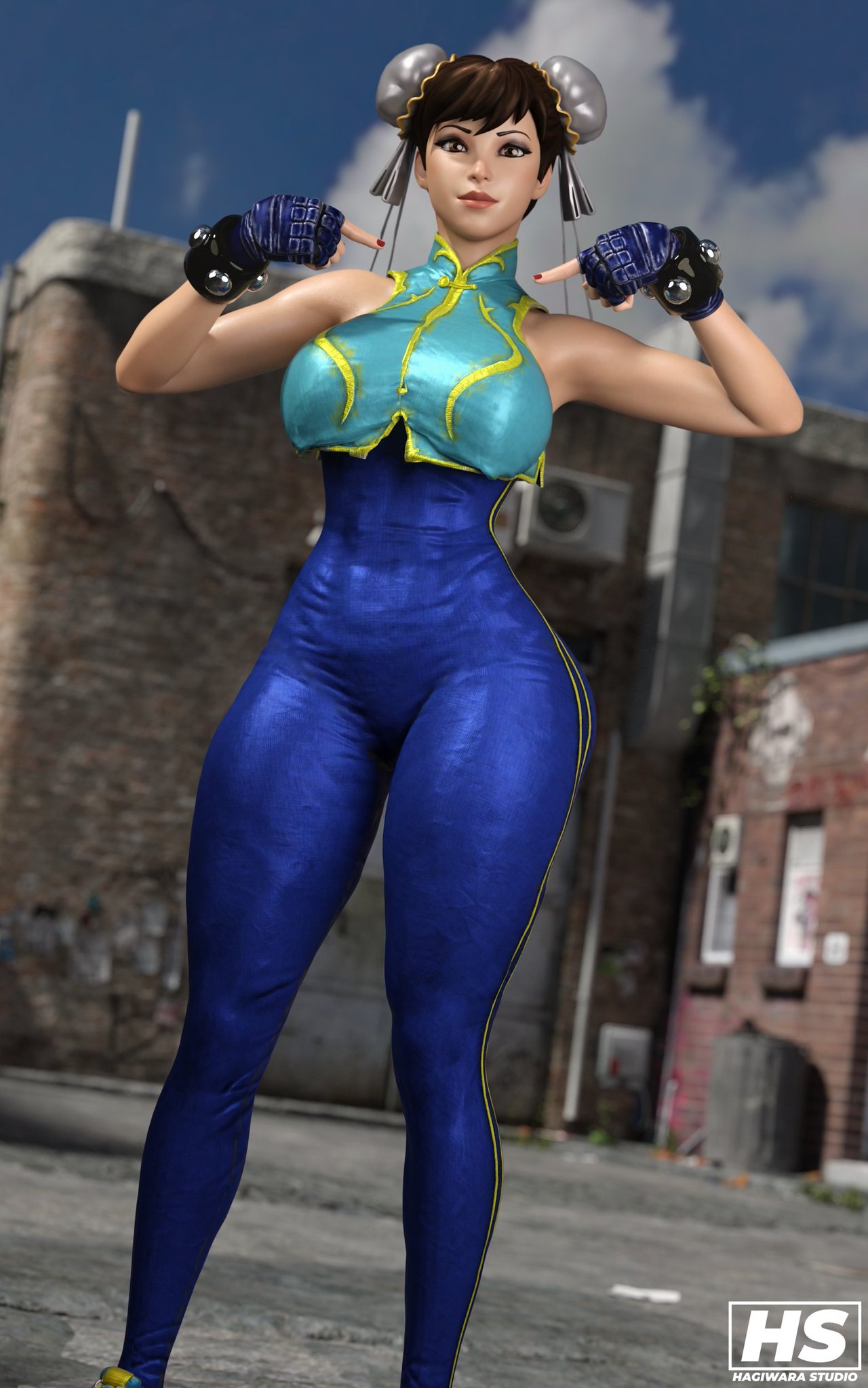 3d 3d_(artwork) big_breasts bodysuit capcom chun-li hagiwara_studio hair_bun hair_buns outdoors outside pointing_at_self solo street_fighter street_fighter_alpha thick_thighs