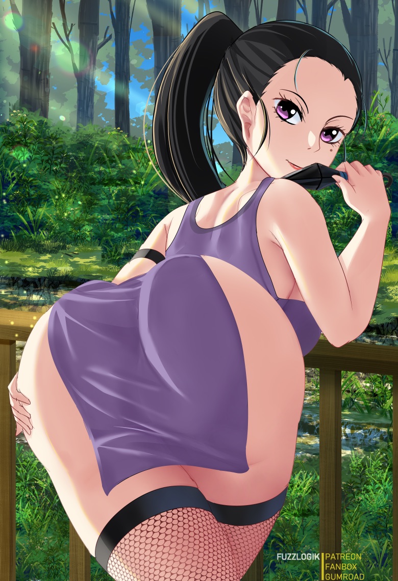 1girls, ass, ass focus, big ass, black hair, black-haired female, demon slayer, detailed background, female, female only, fishnet thighhighs, fishnets, fuzzlogik, hand on ass, hinatsuru (kimetsu no yaiba), kimetsu no yaiba, kunai, long hair, looking at viewer, looking back, mole under eye, outside, pelvic curtain, ponytail, purple eyes, smile, solo, thighhighs