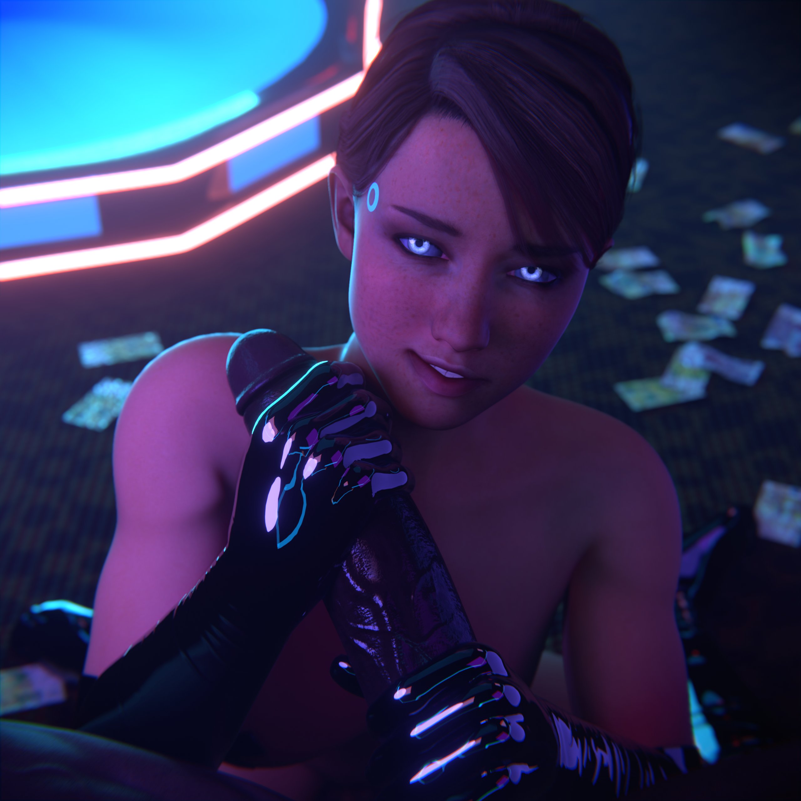 1boy, 1girls, 3d, android, black gloves, blue eyes, brown hair, dark skin, dark-skinned male, detroit: become human, female, gloved handjob, gloves, glowing eyes, hand on penis, handjob, handjob with gloves, highres, holding penis, interracial, kara (detroit: become human), koyz3d, large penis, latex gloves, light skin, light-skinned female, male, money, nude, nude female, on knees, penis, pov, smile, touching penis, two-handed handjob