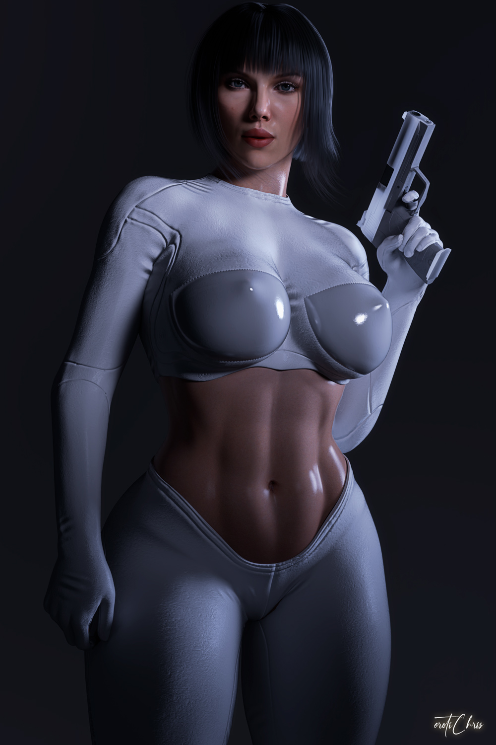 1girls 3d armwear bodysuit celebrity cga3d erotichris female female_only firearm ghost_in_the_shell ghost_in_the_shell_(2017) handgun hi_res human kusanagi_motoko pale_skin scarlett_johansson solo weapon