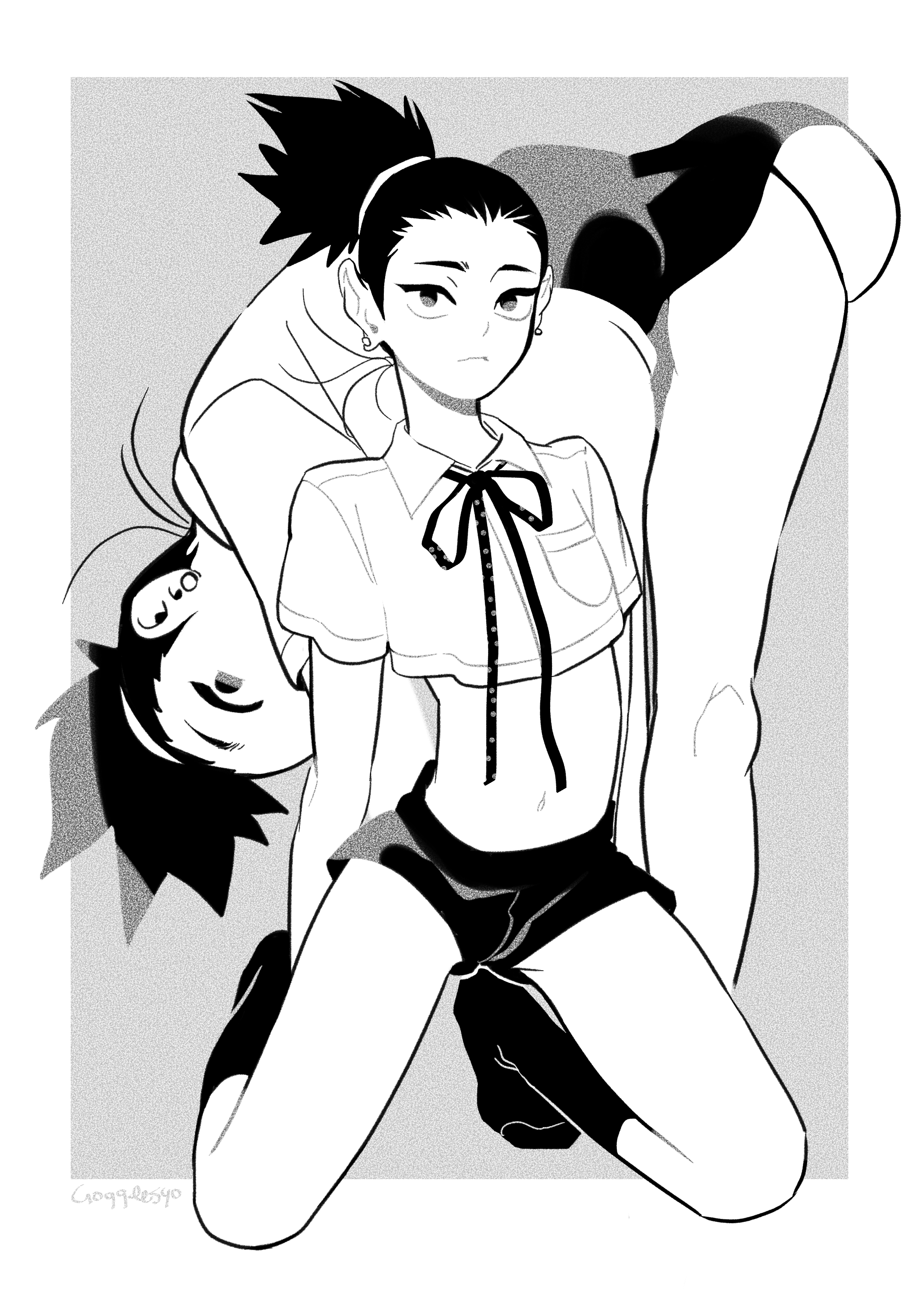 1boy, arched back, ass, ass focus, bare legs, bent over, bimbo, black eyes, black hair, booty shorts, clothed, clothing, crop top, crossdressing, ear piercing, earrings, femboy, gogglesyopeng, kneehighs, kneeling, kneesocks, legs, looking at viewer, looking back, male, nara shikamaru, naruto, naruto (series), naruto shippuden, naruto: the last, on knees, petite, pinup, ponytail, shirt, short shorts, shorts, shounen jump, sissy, skimpy, skimpy clothes, socks, solo, solo focus, solo male, tied hair